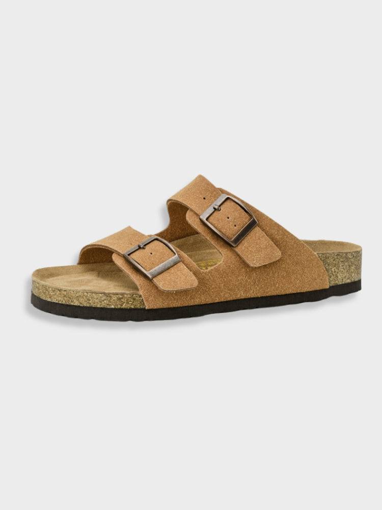 Camel adjustable buckle slide sandals with two buckled straps and cork-textured footbed