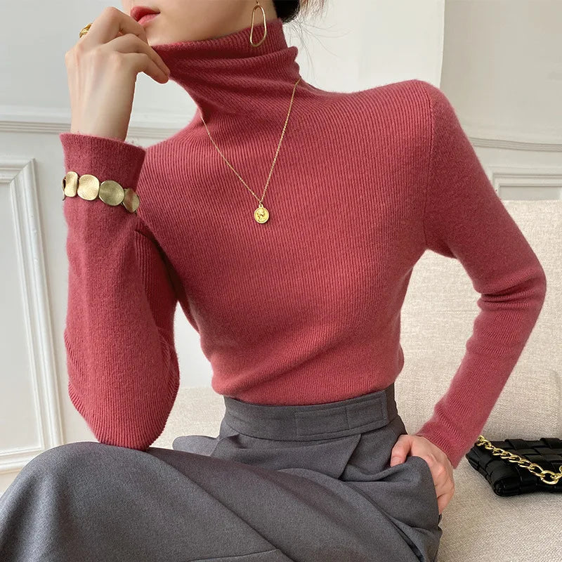 Burgundy slim fit turtleneck sweater with long sleeves and ribbed texture