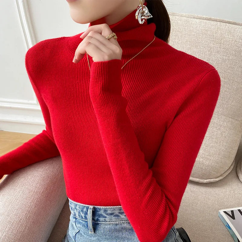 Red slim fit turtleneck sweater with long sleeves and high ribbed neckline