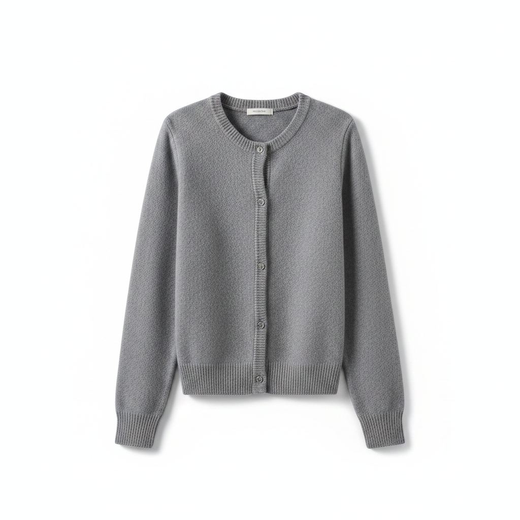 Grey women's cropped knit cardigan with button front and round neck.