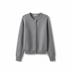 Grey women's cropped knit cardigan with button front and round neck.
