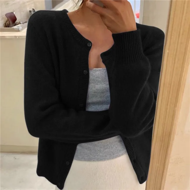 Black women's cropped knit cardigan with button placket and ribbed cuffs.