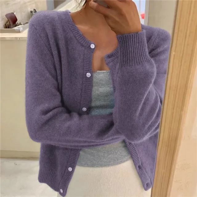 Purple women's cropped knit cardigan with button front and ribbed cuffs.