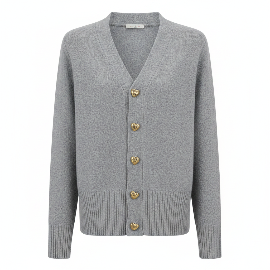Grey V-neck knit cardigan featuring gold heart button front and ribbed cuffs