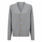 Grey V-neck knit cardigan featuring gold heart button front and ribbed cuffs