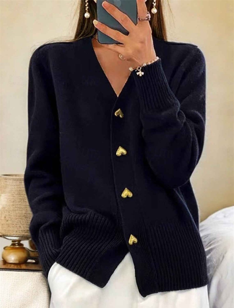 Black V-neck knit cardigan with gold heart buttons and ribbed cuffs