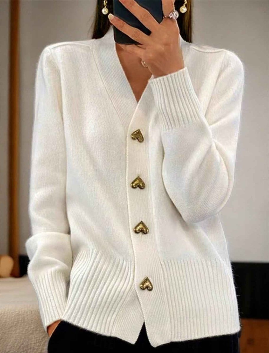 White V-neck knit cardigan with gold heart buttons and ribbed hem