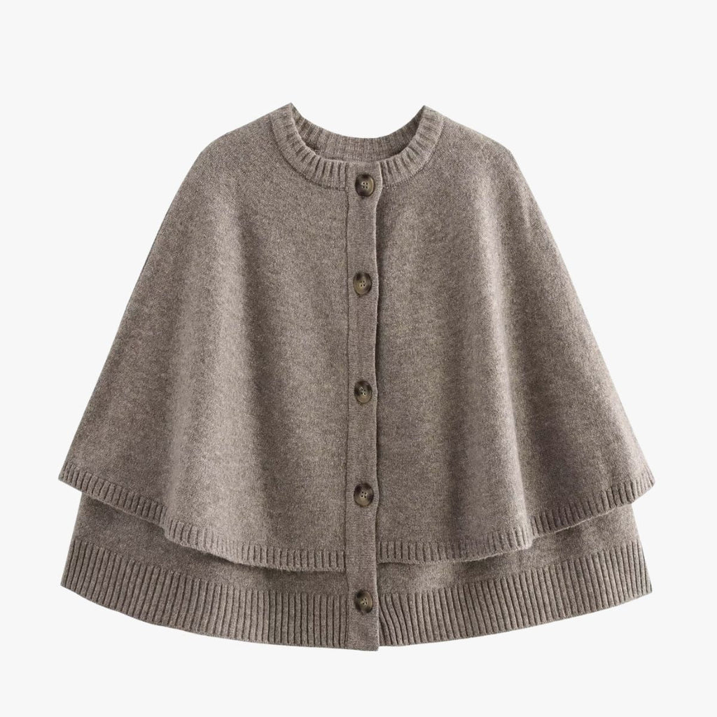 Women’s cape poncho cardigan, taupe knit with button front and ribbed trim hem