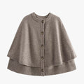 Women’s cape poncho cardigan, taupe knit with button front and ribbed trim hem