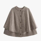 Women’s cape poncho cardigan, taupe knit with button front and ribbed trim hem