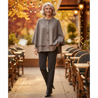 Women’s cape poncho cardigan, taupe knit with button front and wide cape sleeves