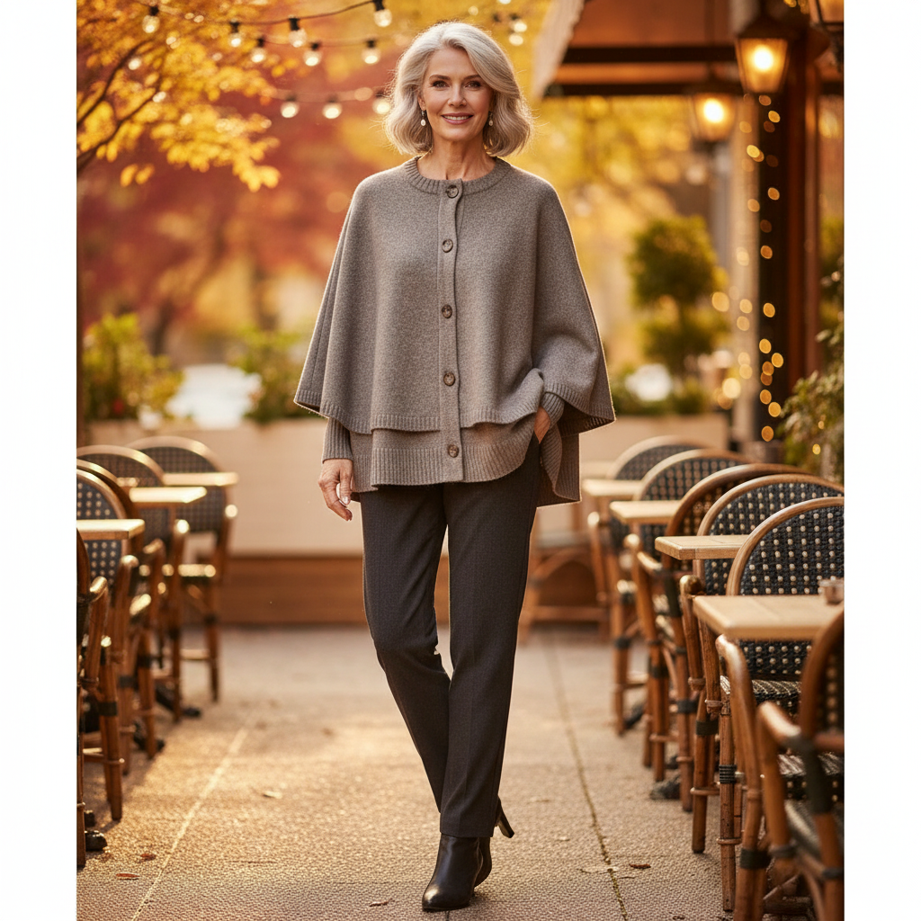 Women’s cape poncho cardigan, taupe knit with button front and wide cape sleeves
