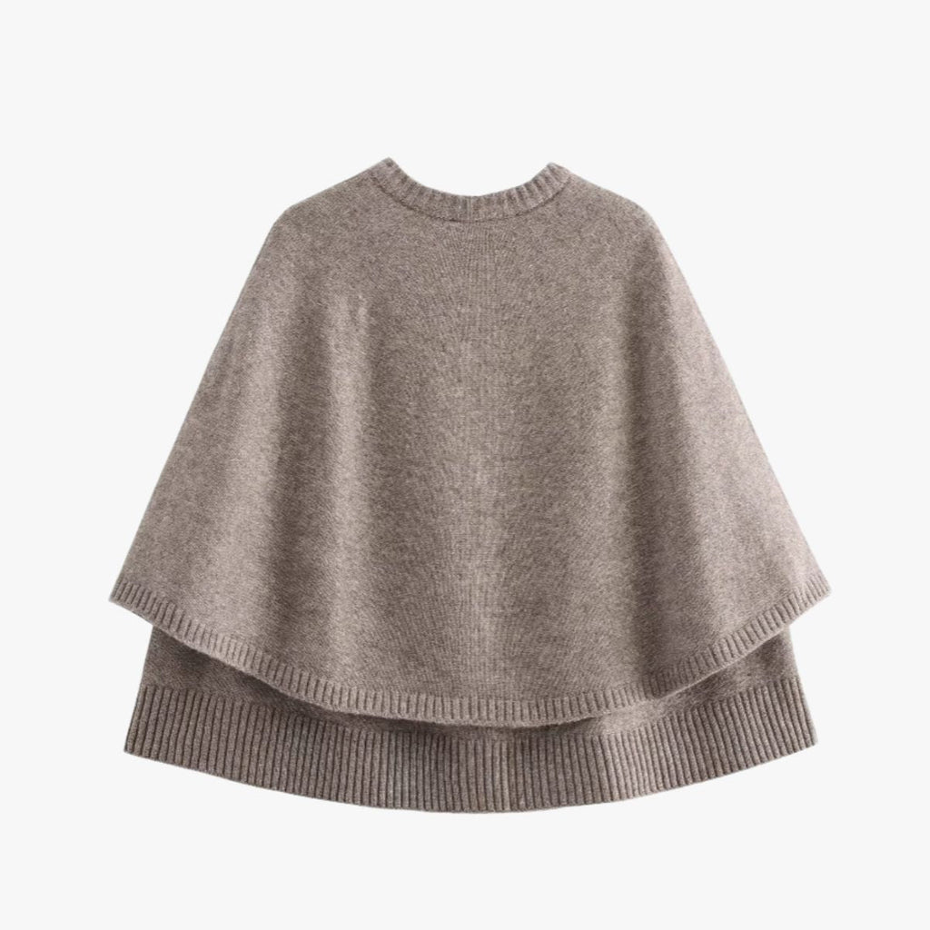 Women’s cape poncho cardigan, taupe knit with wide cape sleeves and ribbed hem