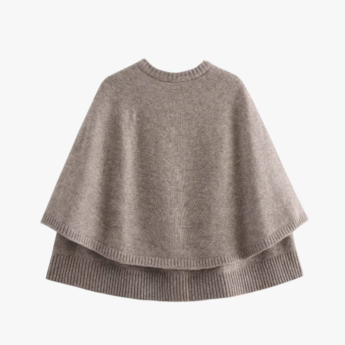 Women’s cape poncho cardigan, taupe knit with wide cape sleeves and ribbed hem