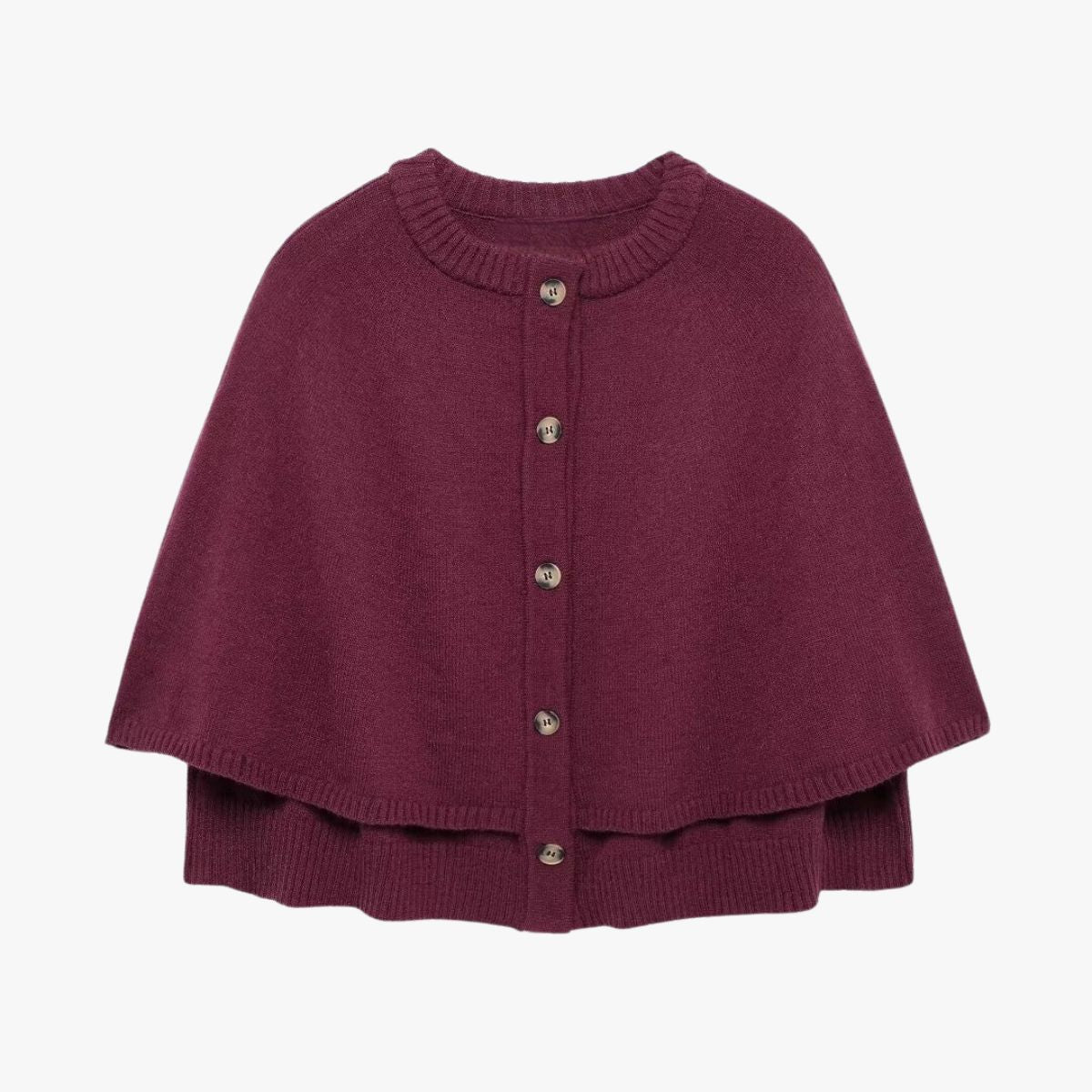 Women’s cape poncho cardigan, wine red knit with button front and ribbed trim hem
