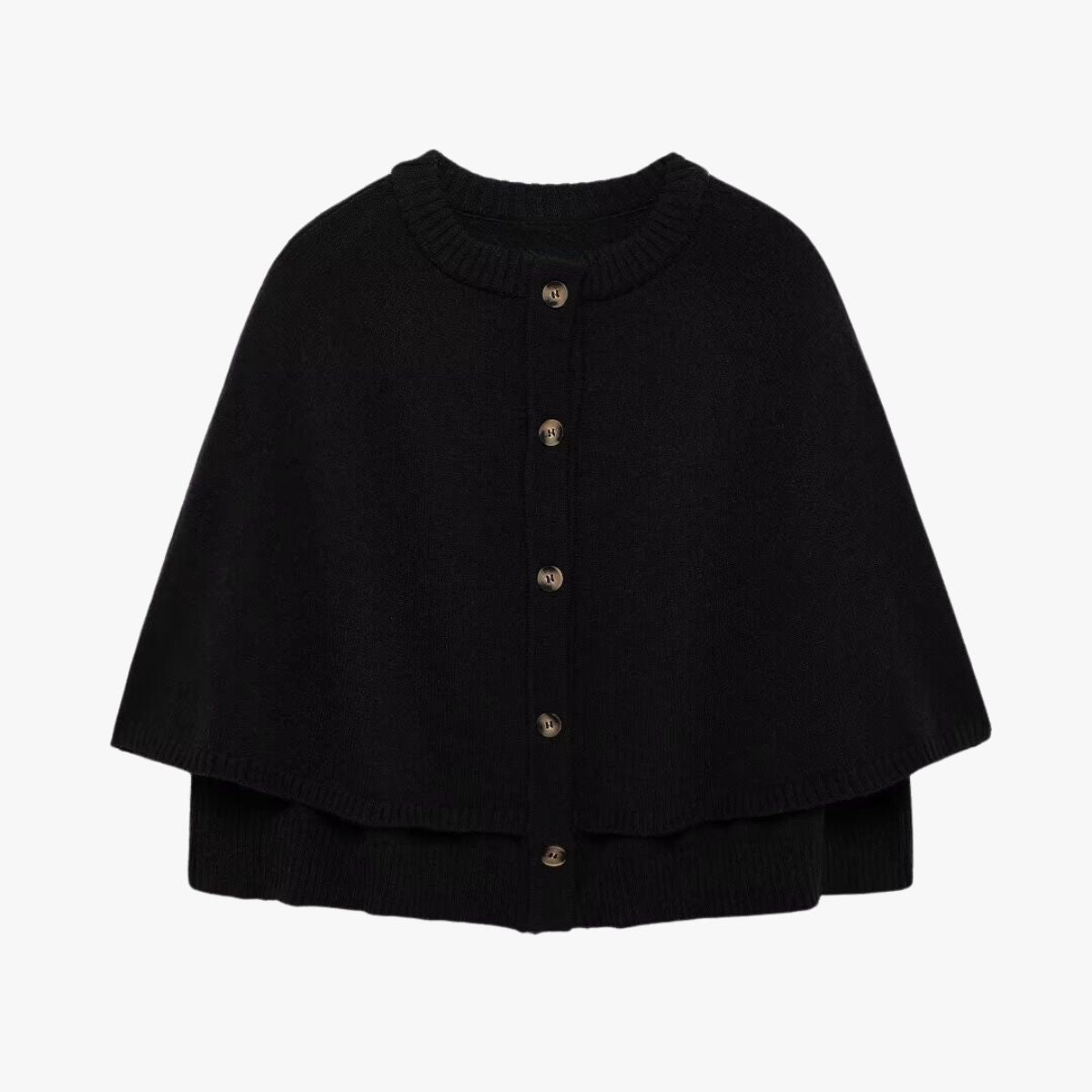 Women’s cape poncho cardigan, black knit with button front and ribbed trim hem
