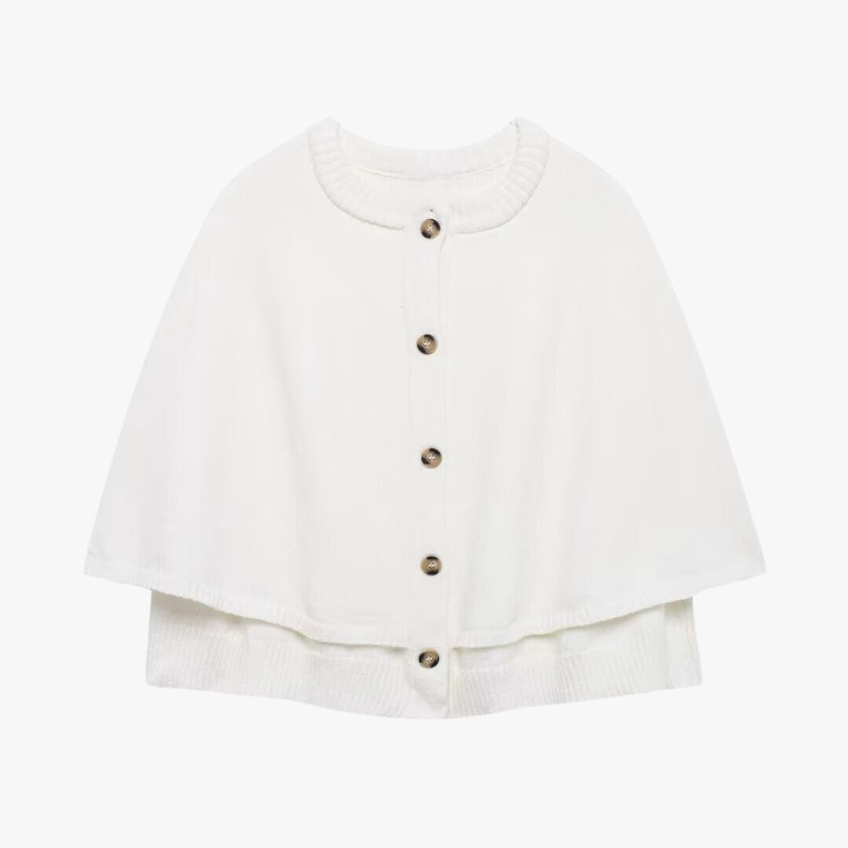 Women’s cape poncho cardigan, white knit with button front and ribbed trim hem