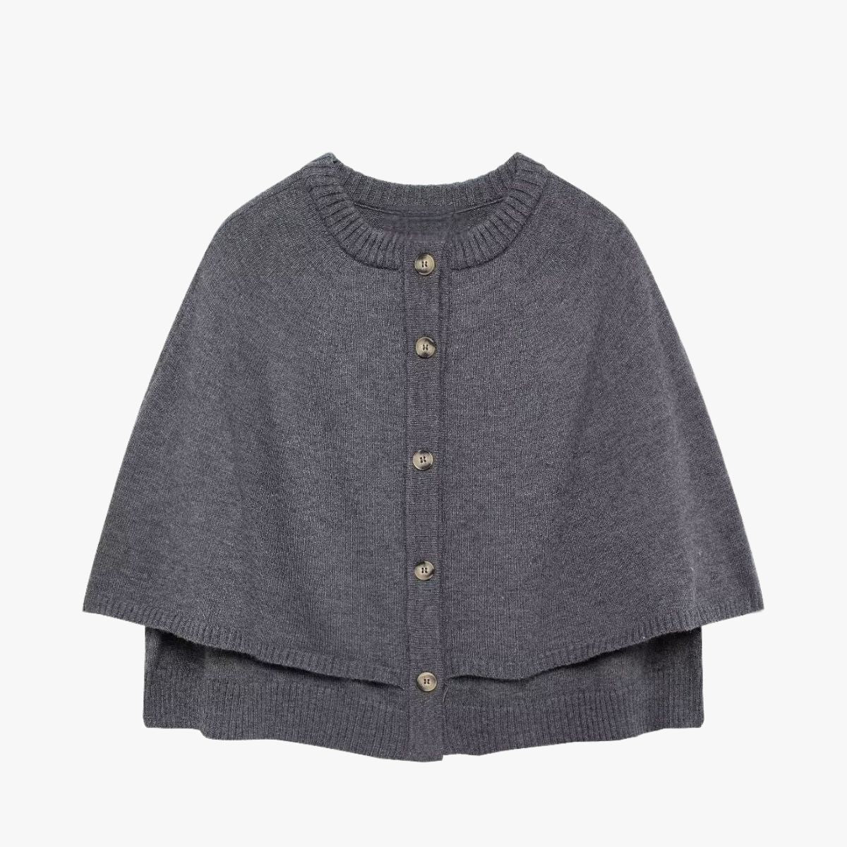 Women’s cape poncho cardigan, heather gray knit with button front and ribbed trim hem