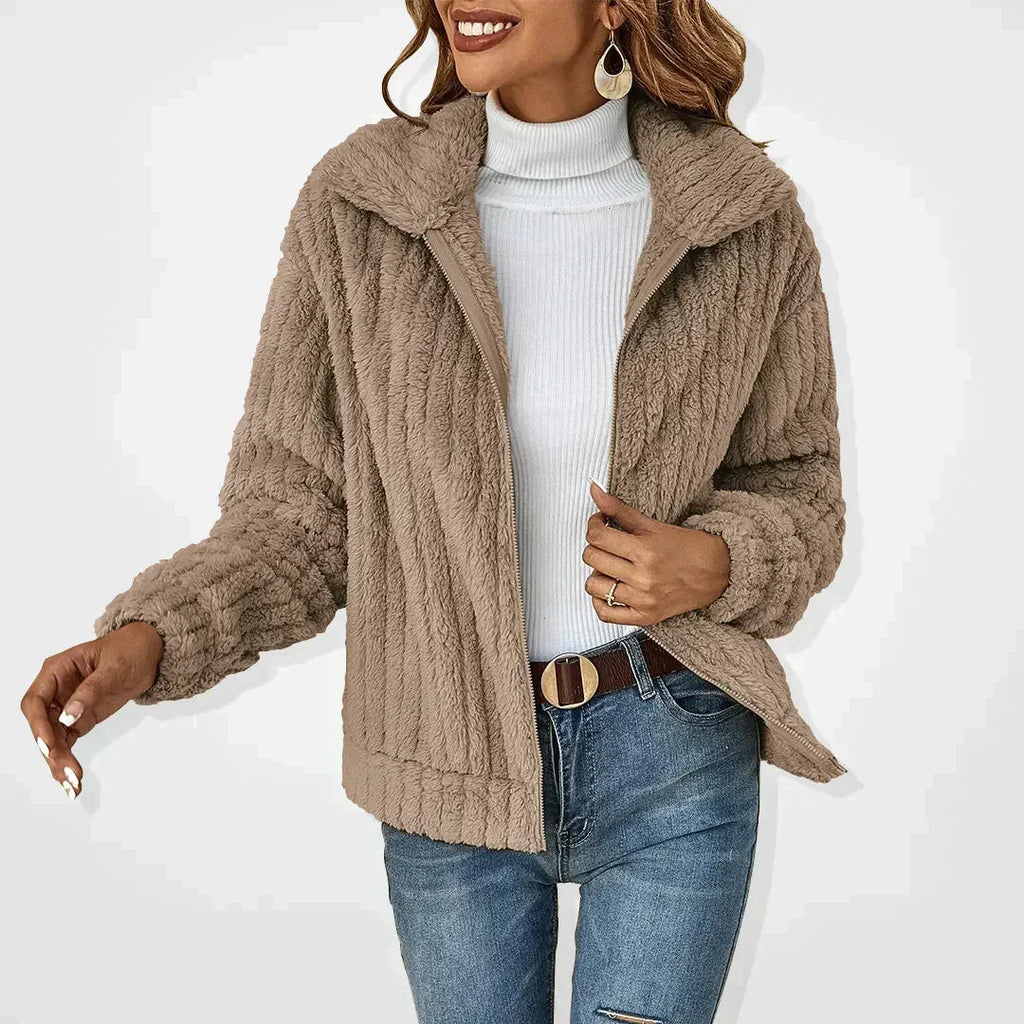 Women’s beige teddy fleece zip-front jacket with stand collar, textured plush finish