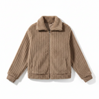 Women’s khaki teddy fleece zip-front jacket with stand collar, long sleeves