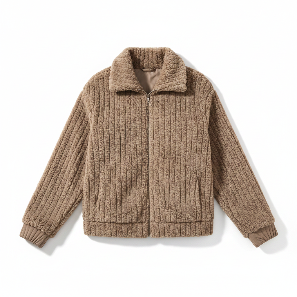 Women’s khaki teddy fleece zip-front jacket with stand collar, long sleeves