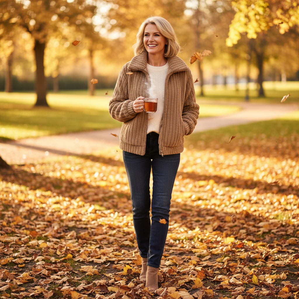 Women’s khaki teddy fleece zip-front jacket with stand collar, hip-length