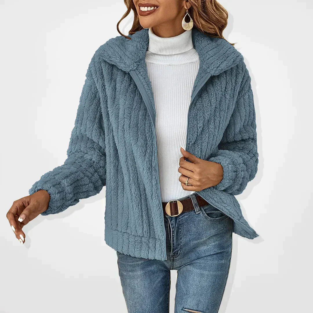 Women’s blue teddy fleece zip-front jacket with stand collar, long sleeves