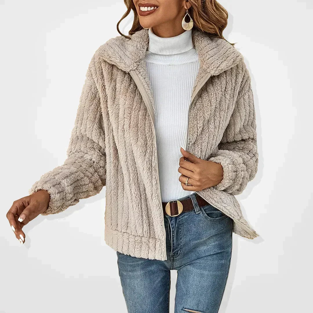 Women’s beige teddy fleece zip-front jacket with stand collar, long sleeves