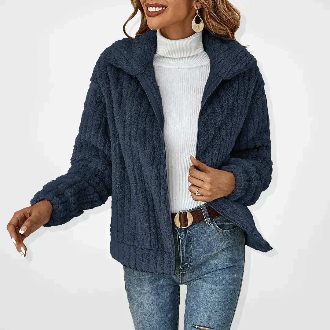 Women’s navy teddy fleece zip-front jacket with stand collar, long sleeves