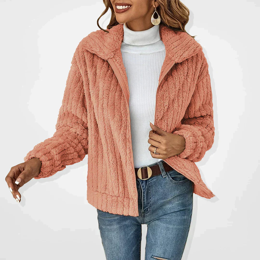 Women’s pink teddy fleece zip-front jacket with stand collar, long sleeves