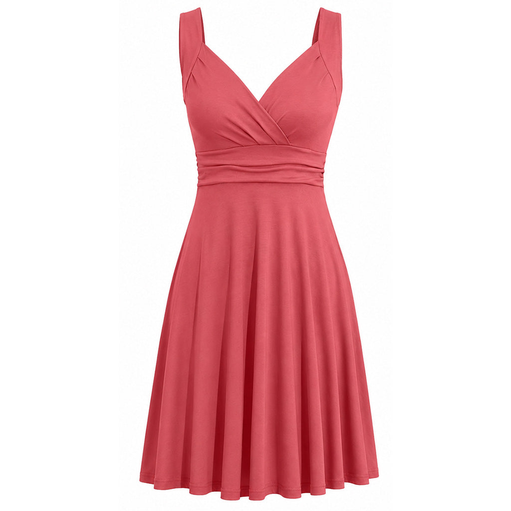Pink-red sleeveless V-neck A-line midi dress with pleated skirt