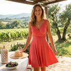 Red sleeveless V-neck A-line midi dress with wrap bodice and pleated skirt
