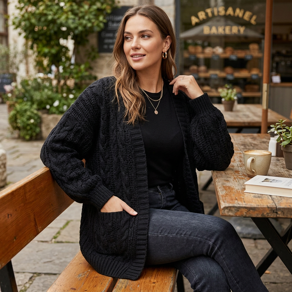 Black chunky textured knit open-front cardigan, relaxed fit with long sleeves
