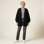 Women’s chunky knit open cardigan, black, long sleeves, ribbed edges, patch pockets