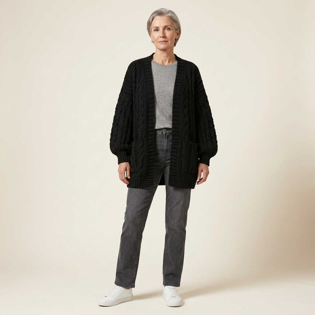 Women’s chunky knit open cardigan, black, long sleeves, ribbed edges, patch pockets