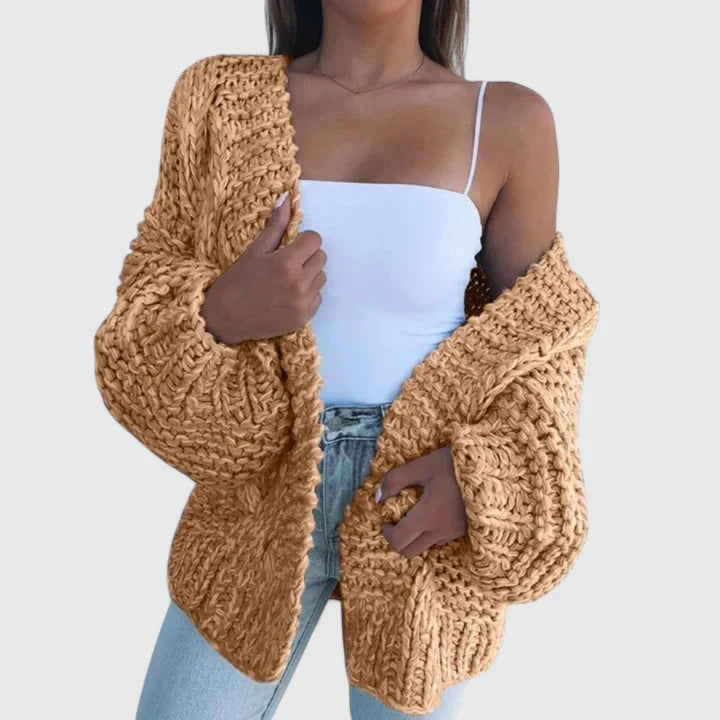 Brown chunky knit open cardigan with long sleeves and thick textured knit