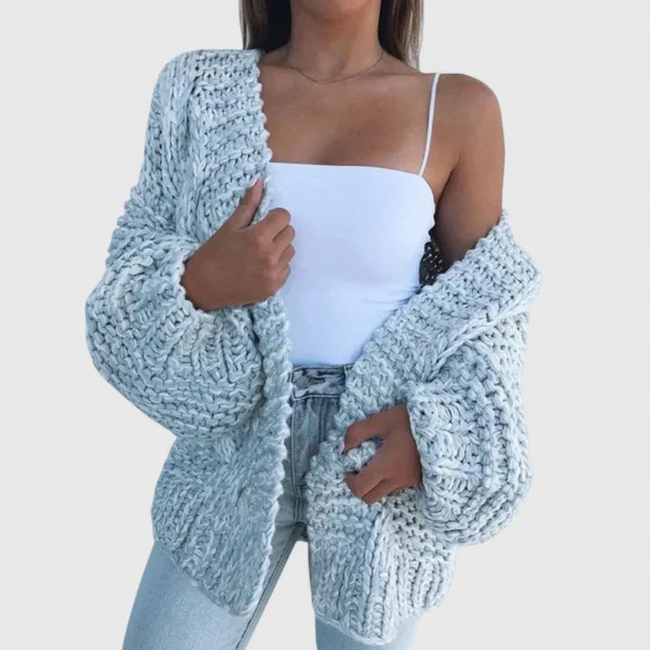 Sky blue chunky knit open cardigan with long sleeves and thick textured knit cuffs