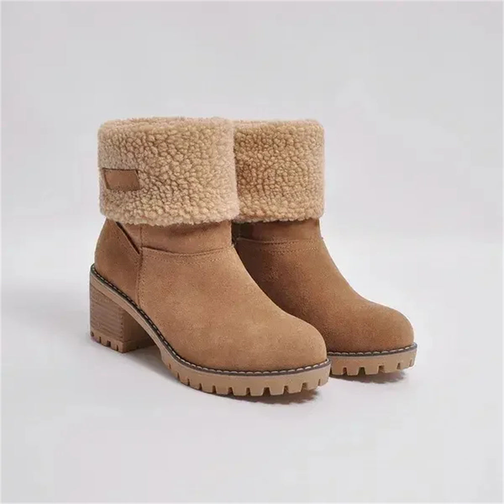 Women’s ankle boots in tan suede with faux shearling cuff and block heel.