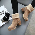 Women’s ankle boots in tan suede with cream shearling cuff and wood-look block heel.