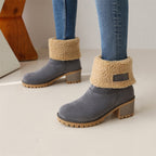Women’s ankle boots in gray suede with cream faux shearling cuff and block heel.