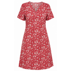Red knee-length dress with short sleeves and small white floral print