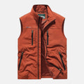 Rust-red breathable cargo vest, sleeveless full-zip with stand collar and zip pockets