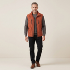 Men's red breathable cargo vest with zip front and multiple utility pockets