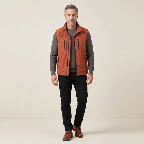 Men's red breathable cargo vest with zip front and multiple utility pockets