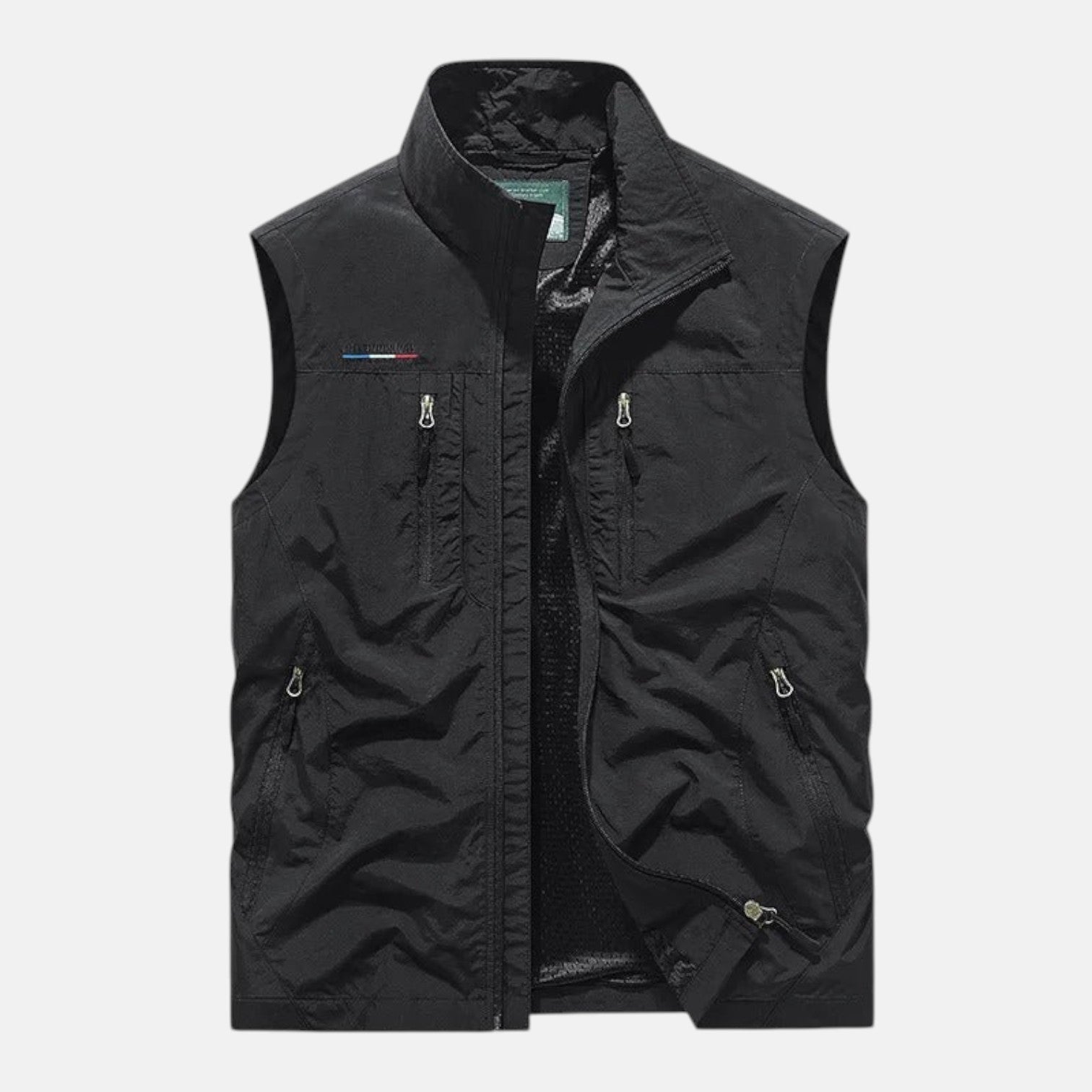 Black breathable cargo vest, sleeveless full-zip with stand collar and zip pockets