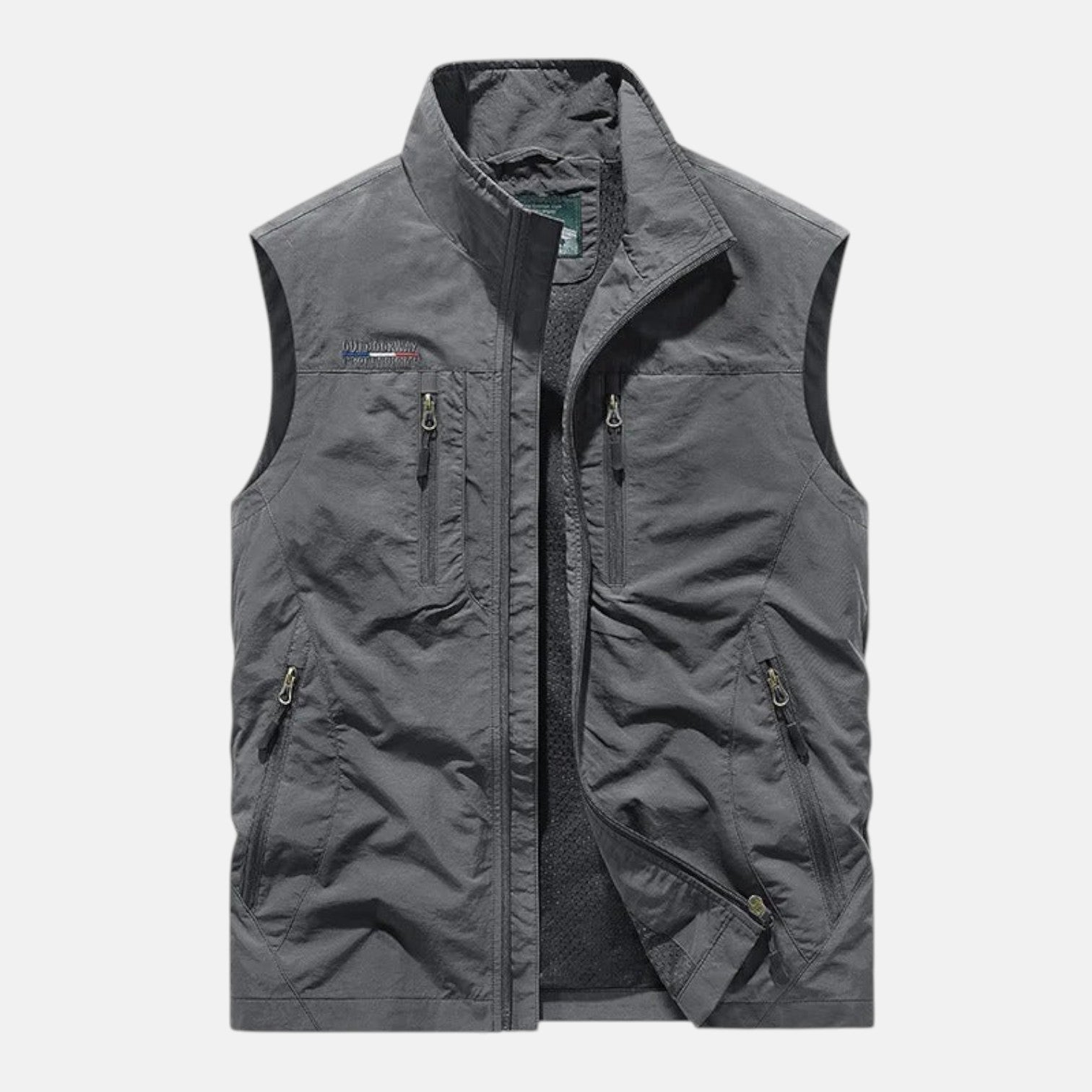 Gray breathable cargo vest, sleeveless full-zip with stand collar and zip pockets