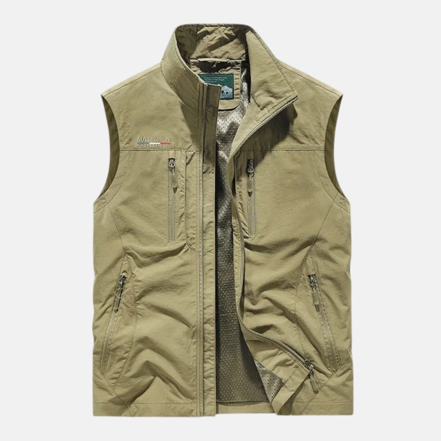 Khaki breathable cargo vest, sleeveless full-zip with stand collar and zip pockets