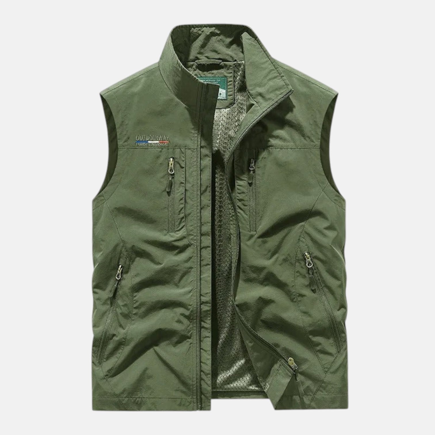 Green breathable cargo vest, sleeveless full-zip with stand collar and zip pockets