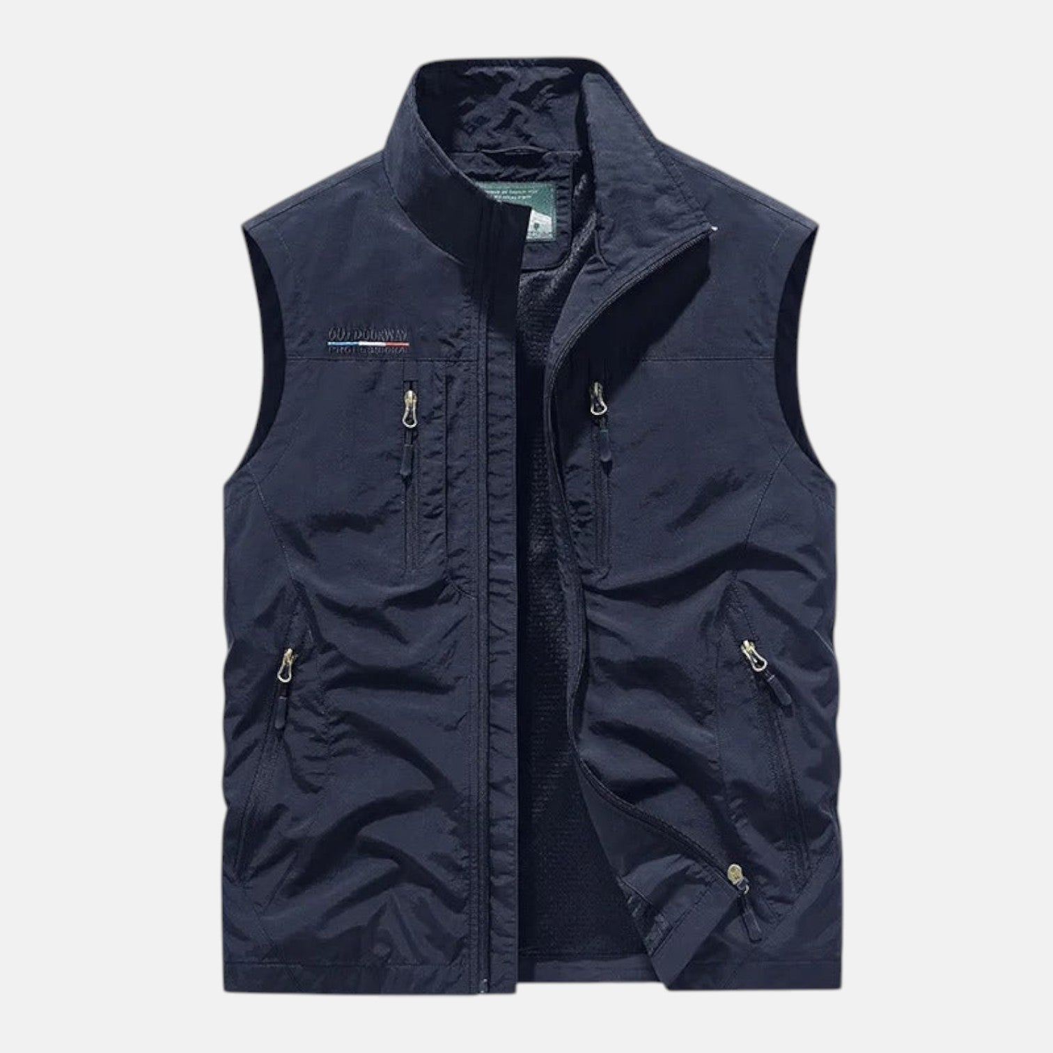 Navy blue breathable cargo vest, sleeveless full-zip with stand collar and zip pockets