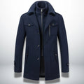 Men's navy zip jacket with stand collar, snap flap pockets, and button front details